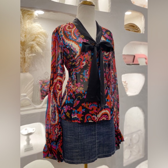 Betsey Johnson Multicolour Paisley Button Up Neck Tie Blouse with Poet Sleeves - Picture 2 of 3